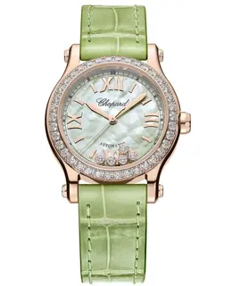 Chopard Happy Sport Green Dial Diamond Rose Gold Leather Strap Women's Watch 274893-5016
