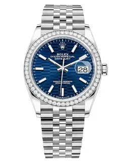 Brand New Authentic Rolex Datejust 36 White Gold & Diamonds Blue Fluted-Motif Dial Women's Luxury Watch Model M126284RBR-0041