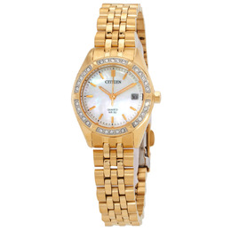 Citizen Quartz Crystal Ladies Watch - Gold-tone stainless steel case and bracelet with fixed bezel, mother of pearl dial
