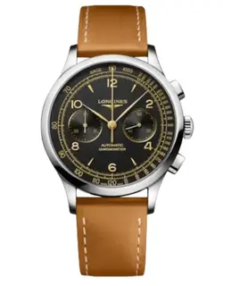 Longines Record Chronometer Chronograph Black Dial Leather Strap Men's Watch l2.921.4.56.2