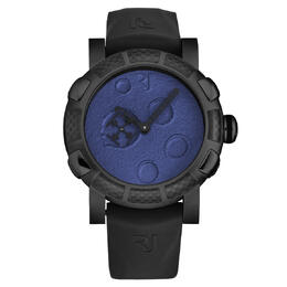 Analog RJ Moon Dust Automatic Blue Dial Mens Watch with black stainless steel case and black rubber strap