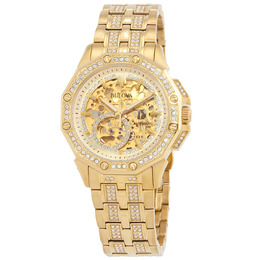 Bulova Octava Automatic Crystal Gold Skeleton Dial Mens Watch 98a292
