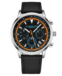 Мужские часы Chrono с черным ремешком из натуральной кожи, 44 мм Stuhrling 12437053 | orange