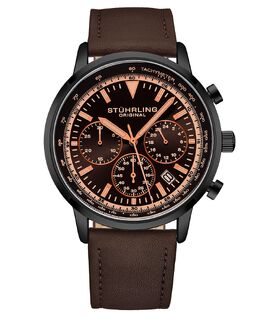 Мужские часы Chrono с темно-коричневым ремешком из натуральной кожи, 44 мм Stuhrling 12437055 | brown