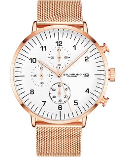 Мужские часы Chrono с сетчатым браслетом оттенка розового золота 42 мм Stuhrling 8008566 | white