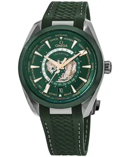 Omega Seamaster Aqua Terra 150m Master Co-Axial GMT Worldtimer Automatic Green Dial Rubber Strap Men's Watch 220.32.43.22.10.001