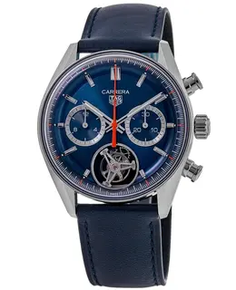 Tag Heuer Carrera Tourbillon Chronograph Blue Dial Leather Strap Men's Watch cbs5010.fc6543