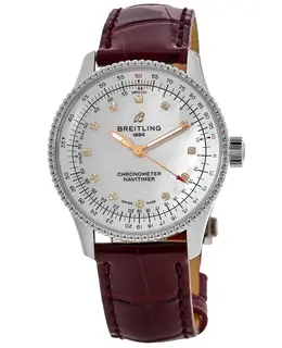 Women's Breitling Navitimer Automatic 35 Mother of Pearl Diamond Dial Burgundy Leather Strap - Model A17395211A1P2