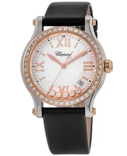 Chopard Happy Sport Medium 36mm White Dial Custom Diamond Rose Gold Bezel Satin Strap Women's Watch 278582-6001s-cd