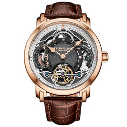 Stuhrling Original M18235 Mens Automatic Chronograph Watch Gunmetal Dial Rose Gold Case Brown Strap