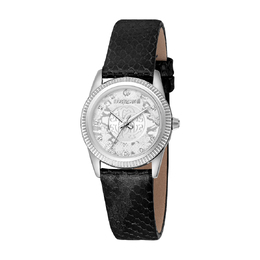 Roberto Cavalli Fashion Watch, Ladies Analog Silver Dial Quartz Movement with Black Leather Strap, Model: rc5l074l0015