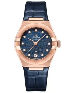 Brand New Authentic Omega Constellation Co-Axial Master Chronometer Automatic Blue Diamond Dial 18K Rose Gold Sedna Alligator Leather Strap Women's Watch Model 13153292099001