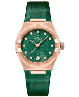 Brand New Authentic Omega Constellation Co-Axial Master Chronometer Automatic Movement Green Diamond Dial 18K Rose Gold Case with Green Alligator Leather Strap Tang Clasp