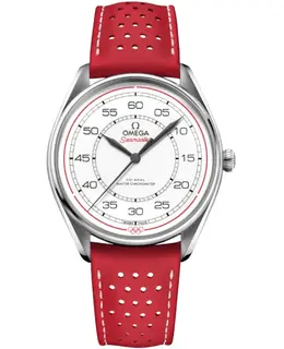 Brand New Authentic Omega Specialities Olympic Official Timekeeper Automatic Chronometer White Dial Red Leather Strap Men's Watch Model 52232402004004