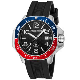 Roberto Cavalli Mens Classic Quartz Watch RC5G101P0025, Black Dial, Stainless Steel Case with Rubber Strap