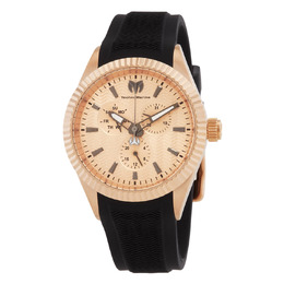 TM-719026 Men's Analog Quartz GMT Watch with Rose Gold Dial, Black Silicone Strap and Three Sub-dials
