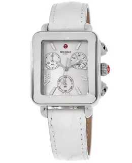 Michele Deco Sport Women's Watch Mother of Pearl Dial Quartz Chronograph Movement 3 Sub-dials White Leather Strap