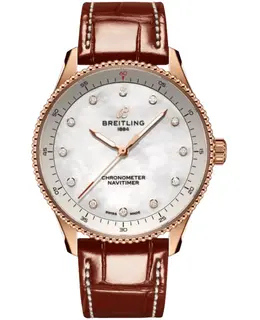 Breitling Navitimer 32 Quartz Mother of Pearl Diamond Dial Model r77320e61a1p1 - Women's Watch with Rose Gold Case and Brown Alligator Strap