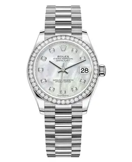 Authentic Rolex Datejust 31 in White Gold with Mother-of-Pearl Diamond Dial and Diamond Bezel (Ref: M278289RBR-0005)