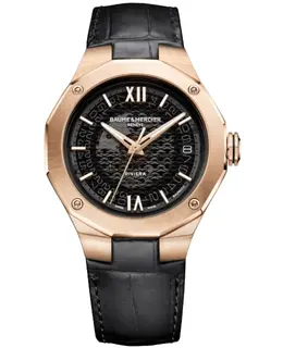 Brand New Authentic Baume & Mercier Riviera Automatic Model MOA10787 Black Dial with Rose Gold Case and Leather Strap