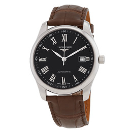 Longines Mens Automatic Watch Master Series Black Dial Silver-tone Steel Case Brown Alligator Strap Calibre L888 Sapphire Crystal Date Display