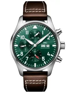 IWC Pilot's Chronograph Automatic iw378005 Green Dial Brown Leather Strap Men's Watch