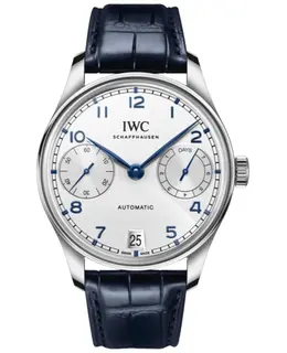 Brand New Authentic IWC Portugieser Automatic 7 Day Power Reserve Silver Dial Blue Leather Strap Men's Watch Model IW501702