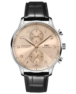 New IWC Authentic Portugieser Automatic Chronograph Beige Dial Black Leather Strap Men's Watch Model IW371624