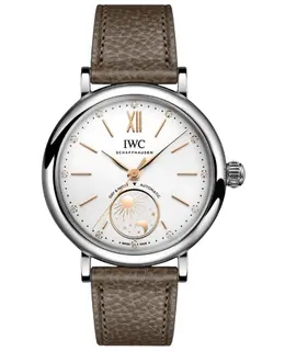 Authentic IWC Portofino Automatic Day & Night Silver Diamond Dial Taupe Leather Strap Women's Watch Model IW459801