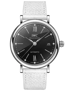 Brand New Authentic IWC Portofino Automatic 37mm Black Diamond Dial White Leather Strap Women's Watch Model IW458611