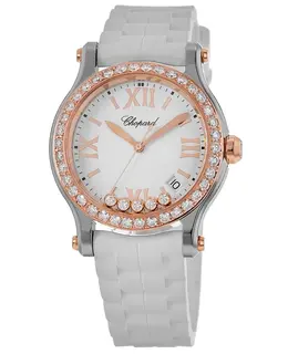 Chopard Happy Sport Medium 36mm Quartz White Dial Custom Diamond Rose Gold Bezel White Rubber Strap Women's Watch 278582-6001-cd