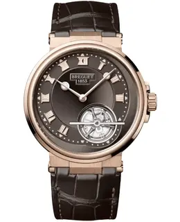 Breguet Marine Automatic Tourbillon Grey Dial 18K Rose Gold Brown Leather Strap Men's Watch Model 5577BR/G2/9WV