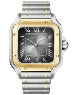 Cartier Santos De Cartier Men's Automatic Grey Dial Watch with Yellow Gold Bezel, Model W2SA0030