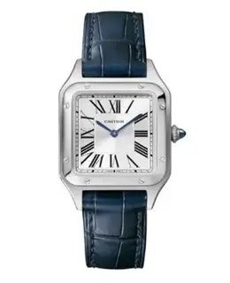 Cartier Santos Dumont Small Women's Watch WSSA0023 - Premium luxury timepiece featuring stainless steel case, blue alligator leather strap, Roman numeral dial markers