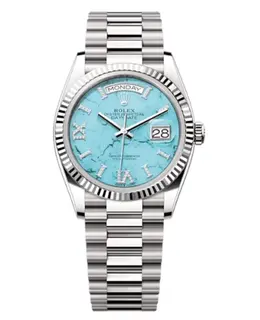 Rolex Day-Date Women's Watch with Turquoise Dial and Diamond Roman Markers - White Gold Fixed Fluted Bezel Model M128239-0044