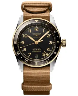 Longines Spirit Zulu Time 39 mm Automatic GMT Black Dial 18K Yellow Gold Bezel Brown Strap Men's Watch l3.802.5.53.9