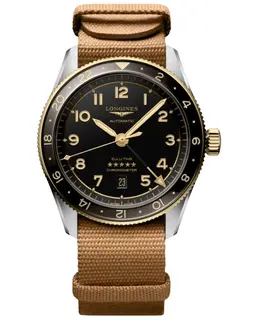 Longines Spirit Zulu Time Automatic GMT Black Dial 18K Yellow Gold Bezel Brown Synthetic Strap Men's Watch Model L3.812.5.53.9
