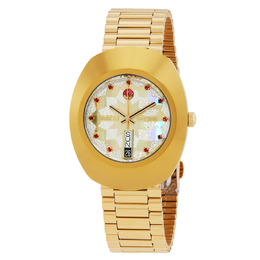 Rado Diastar Original Diamond Dial Mens Watch r12413073 Gold-tone stainless steel case and bracelet Fixed gold-tone bezel Champagne dial with gold-tone hands Analog Daya date at 6 o'clock Automatic movement 80-hour power reserve Sapphire crystal Scratch resistant Solid case back Oval shape 35mm size Deployment clasp Swiss Made Water resistant