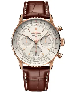 Authentic Breitling Navitimer B01 Chronograph 41 Silver Dial 18kt Rose Gold Leather Strap Men's Watch