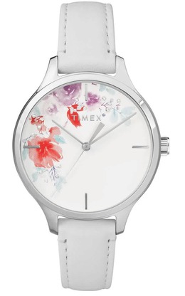 Timex Quartz White Dial Ladies Crystal Bloom Watch TW2R66800, Silver-tone Metal Case & White Leather Strap