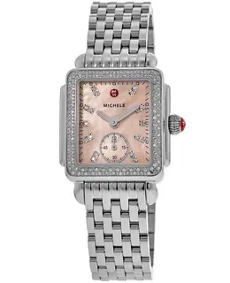 Michele Deco Mid Quartz Mother of Pearl Dial Diamond Bezel Steel Watch - Model MWW06V000131