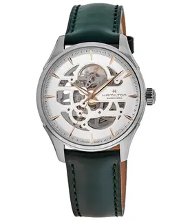 HAMILTON JAZZMASTER SKELETON AUTOMATIC WHITE DIAL LEATHER STRAP WATCH MODEL H42535810