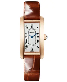 Authentic Cartier Tank Americaine Small Quartz Silver Dial 18K Rose Gold Brown Leather Strap Women's Watch wgta0133