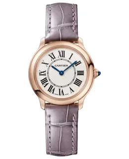 Cartier Ronde Louis Quartz WGRN0013 Beige Dial 18K Rose Gold Case Purple Leather Strap Women's Watch