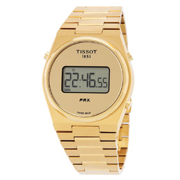 Tissot t1374633302000: Yellow gold-tone stainless steel case and bracelet with fixed bezel. Digital gold-tone dial displaying date, hour, minute, second.