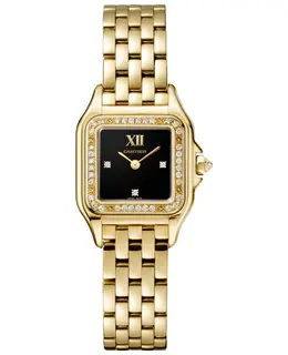Authentic Cartier Panthere de Cartier Small Quartz Watch, Black Dial Diamond Bezel 18K Yellow Gold wjpn0053