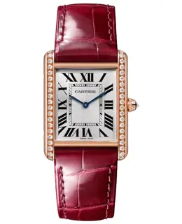 Authentic Cartier Tank Louis Cartier WJTA0038 - Large Manual Winding Silver Dial Diamond 18K Rose Gold Red Leather Strap Women's Watch