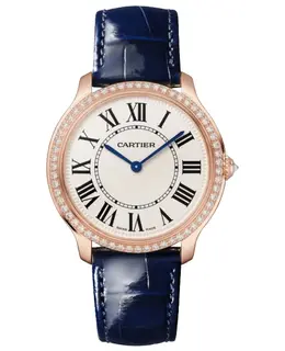 wjrn0010 Cartier Ronde Louis Small Watch 36mm Rose Gold Case Beige Dial Diamond Bezel Navy Blue Leather Strap