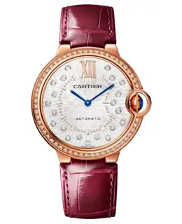 Cartier Ballon Bleu de Cartier Medium Automatic Silver Dial Diamond Bezel 18K Rose Gold Burgundy Leather Strap Women's Watch Model wjbb0081