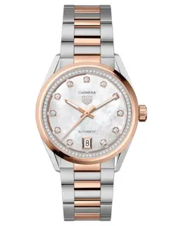 Brand New Authentic Tag Heuer Carrera Date Automatic Mother of Pearl Diamond Dial 18K Rose Gold Bezel Steel Women's Watch Model WBN2351.BD0000